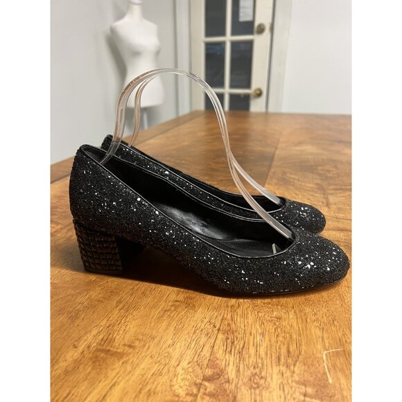 Michael Kors Woman’s 7 Black Leather Glitter Arabella Studded Heels Kitten Pumps - Picture 4 of 8